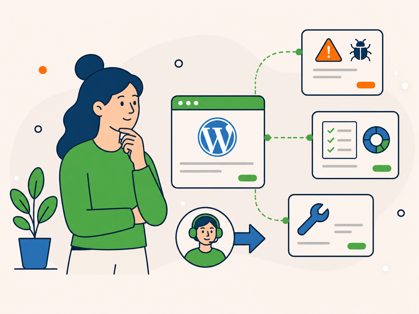 Illustration of a thoughtful website owner reviewing WordPress security care options, with connected cards for urgent malware help, maintenance overview, one-off support, and guidance.