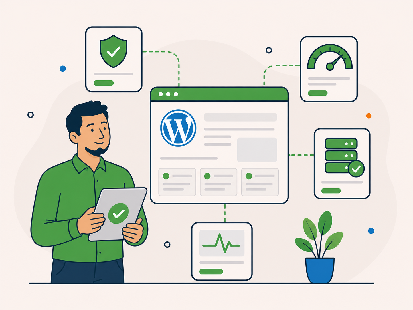 Website owner reviewing a WordPress dashboard connected to security, performance, hosting and uptime monitoring tools.