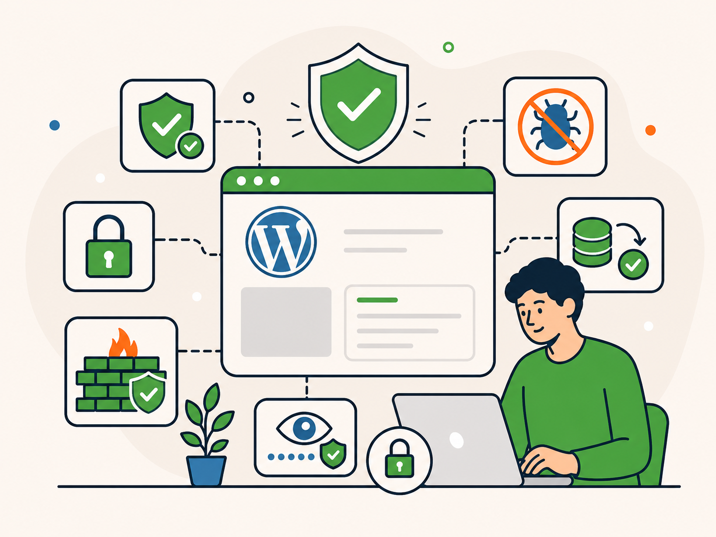 Illustration of a WordPress dashboard protected by security icons including a shield, lock, firewall, malware blocker, monitoring, and backup checks.