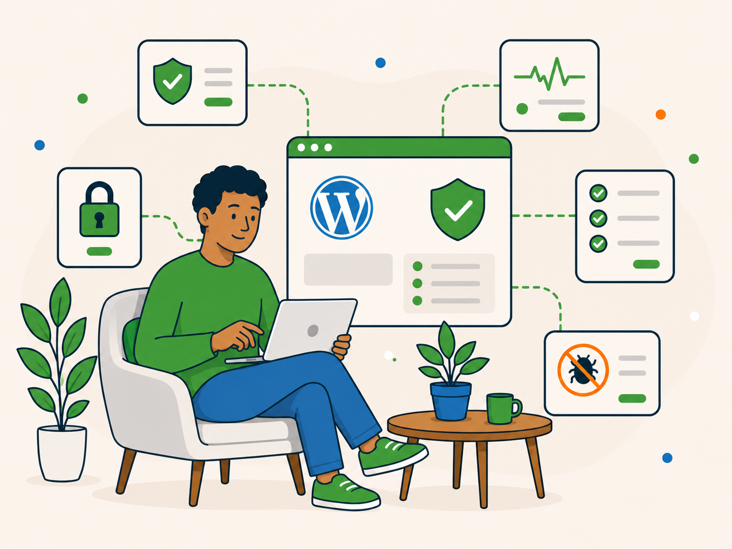 Customer using a laptop with WordPress security, protection and monitoring icons around the website.