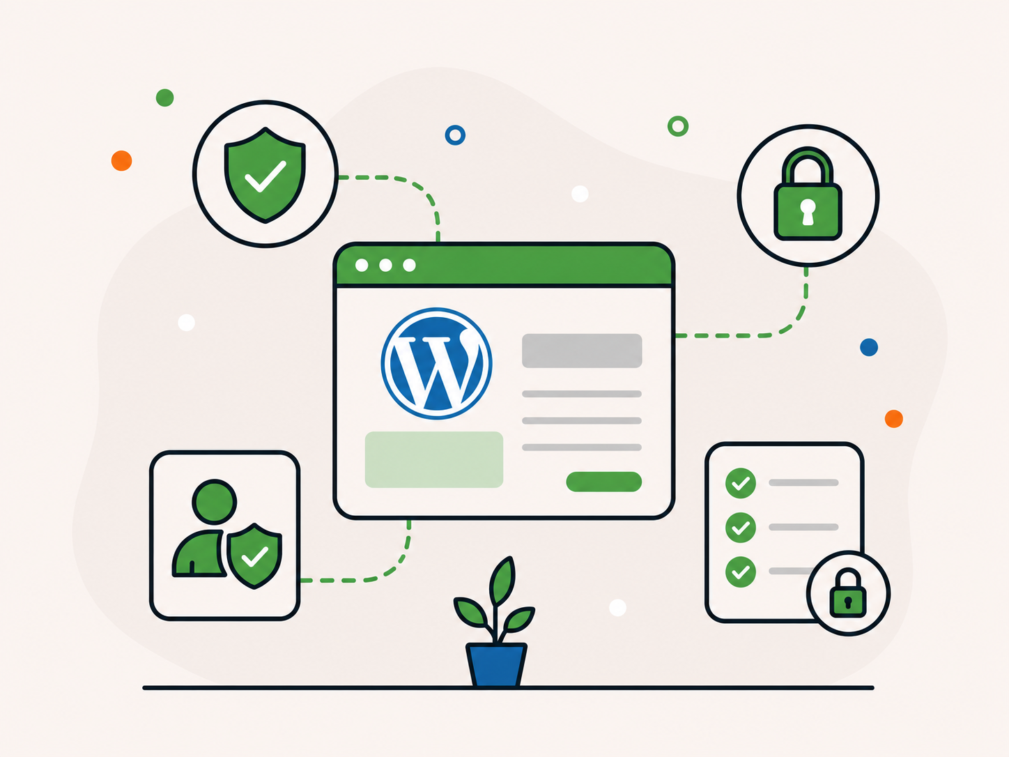Illustration of a WordPress dashboard connected to shield, lock, user protection, and security checklist icons.