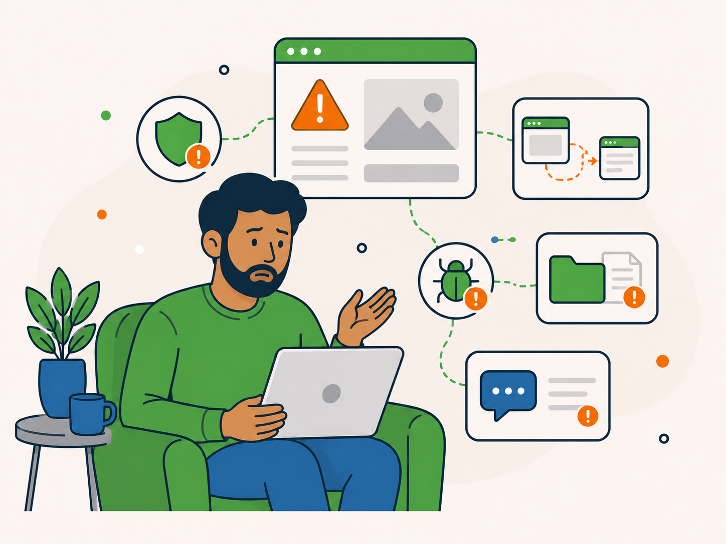 Concerned website owner looking at a laptop while security warning, redirect, suspicious file, bug, and spam message icons appear around them, showing a one-time support enquiry for a possible WordPress security issue.