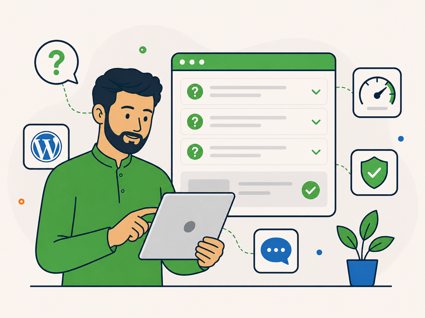 WordPress support specialist reviewing common speed optimisation questions with performance, security, and chat icons.
