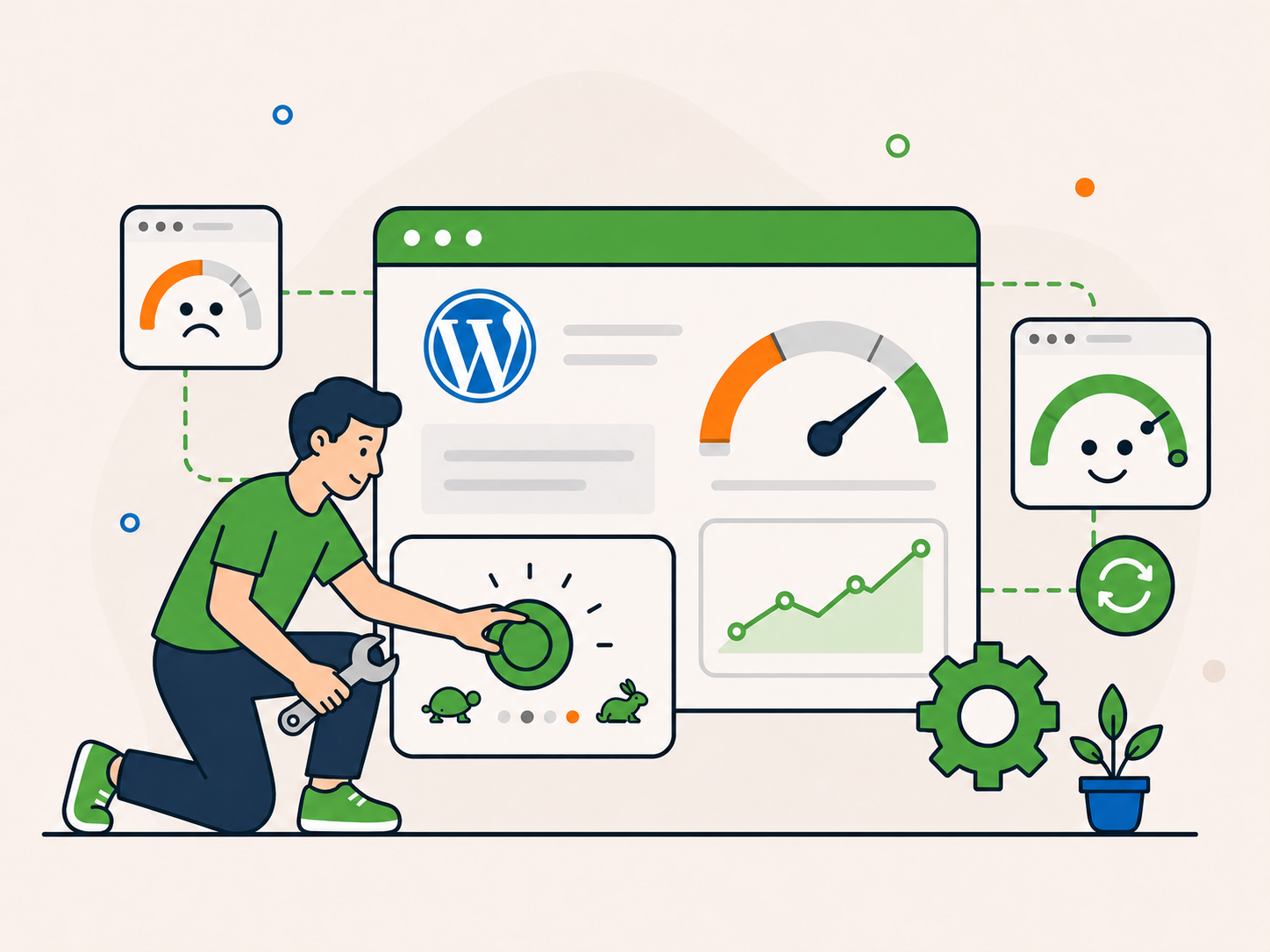 Illustration of a person improving WordPress website speed with performance gauges, charts, and optimisation controls.