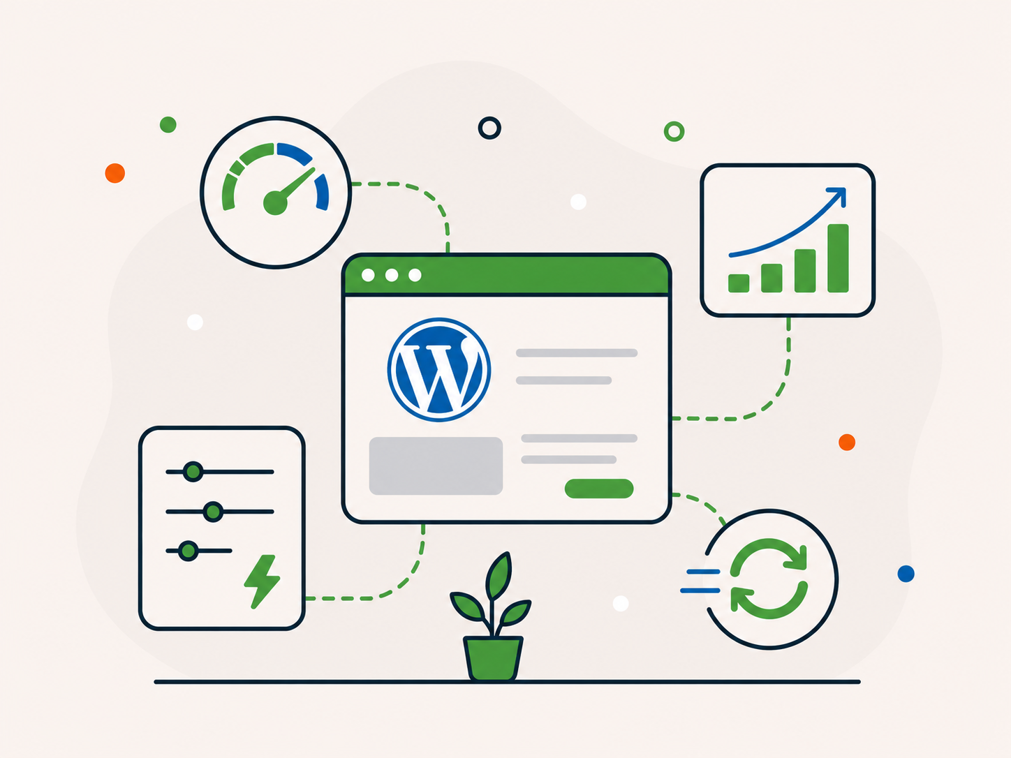 Illustration of a WordPress dashboard connected to speed, performance chart, tuning, and optimisation icons.
