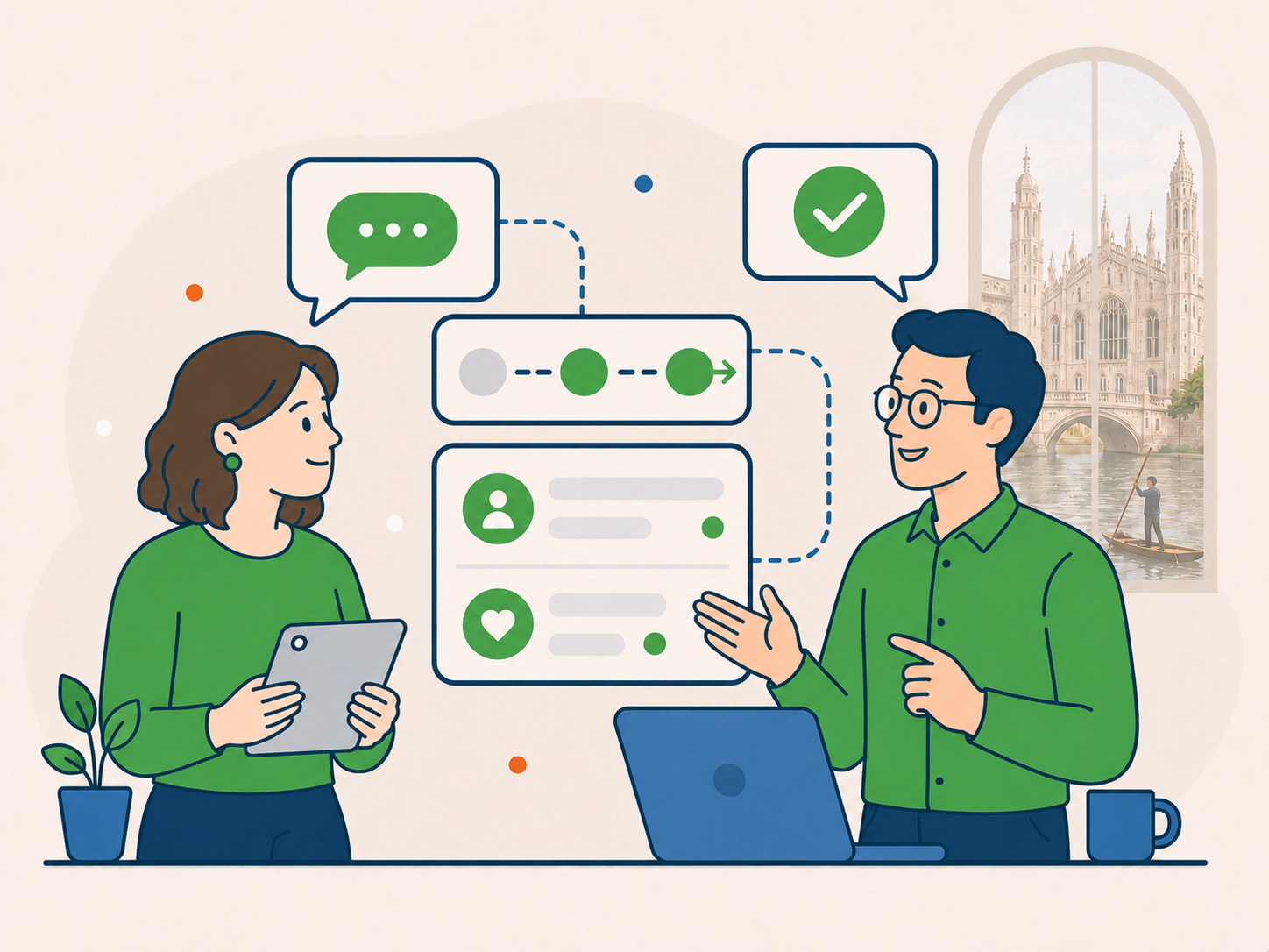 Business owner and WordPress support specialist discussing the next steps clearly, with simple visual process and confirmation icons.