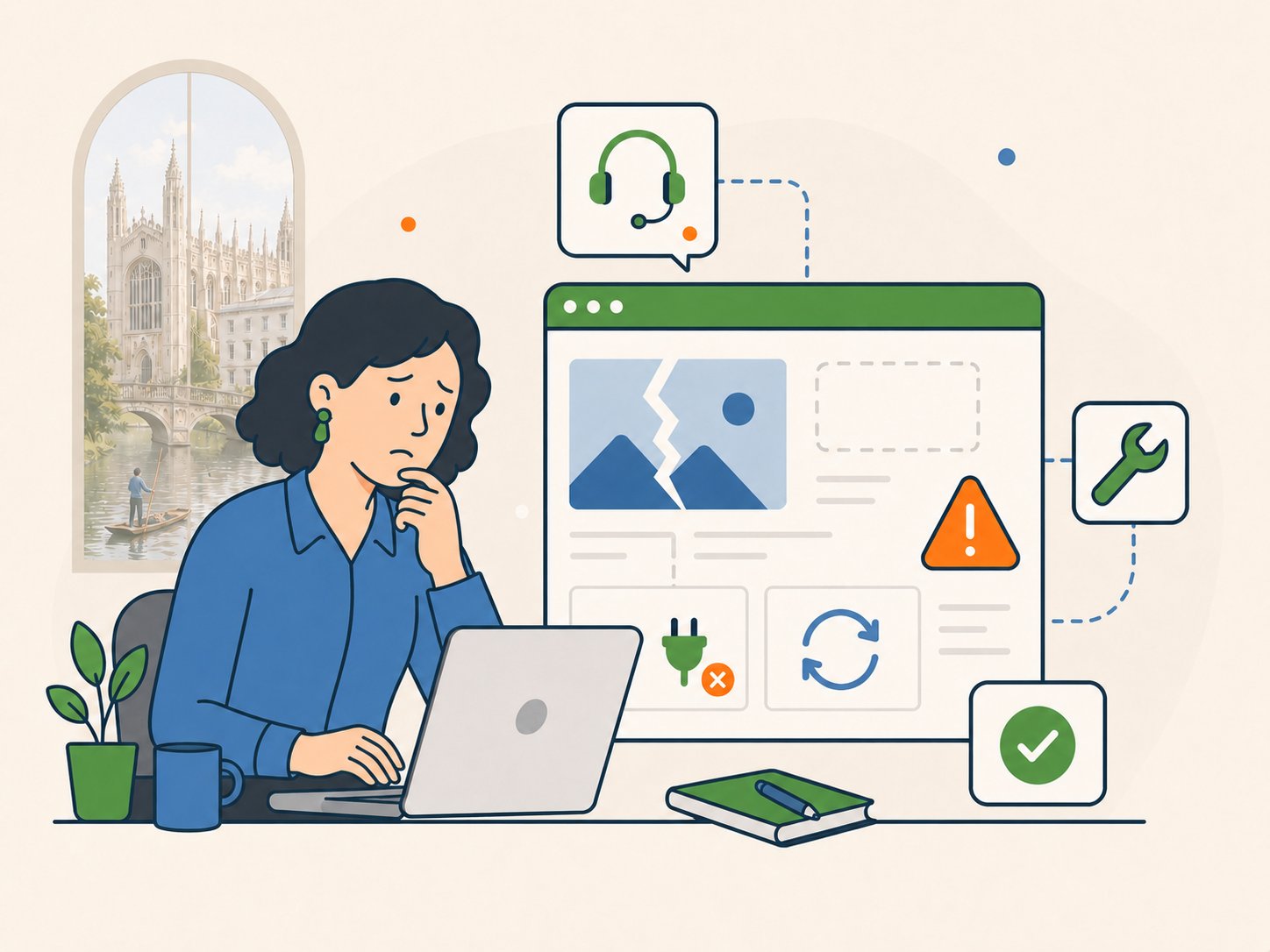 Cambridge business owner looking concerned while reviewing a WordPress website with errors, plugin issues, and support icons.