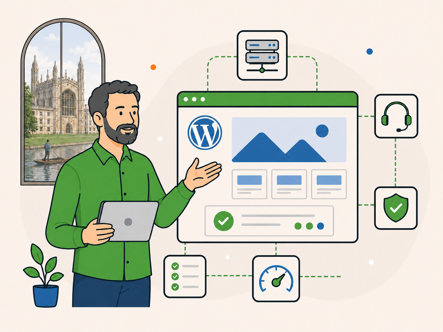 WordPress support specialist presenting a joined-up website setup with hosting, support, security, performance, and care working together.