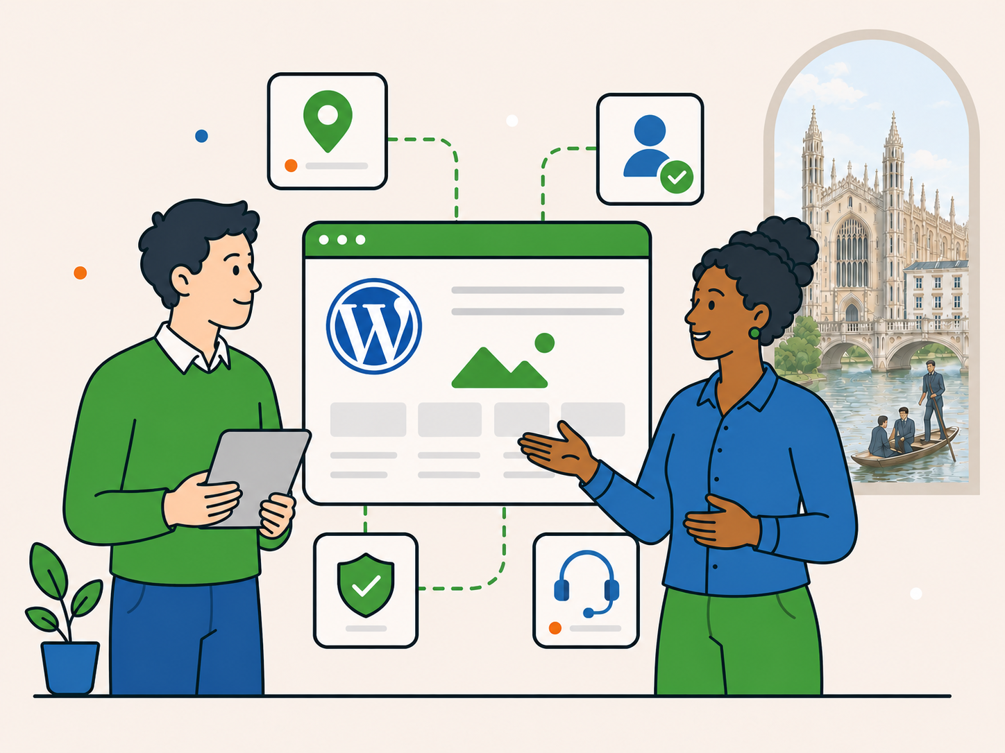 Cambridge business owner speaking with a local WordPress support specialist beside a website dashboard, with a Cambridge riverside scene in the background.