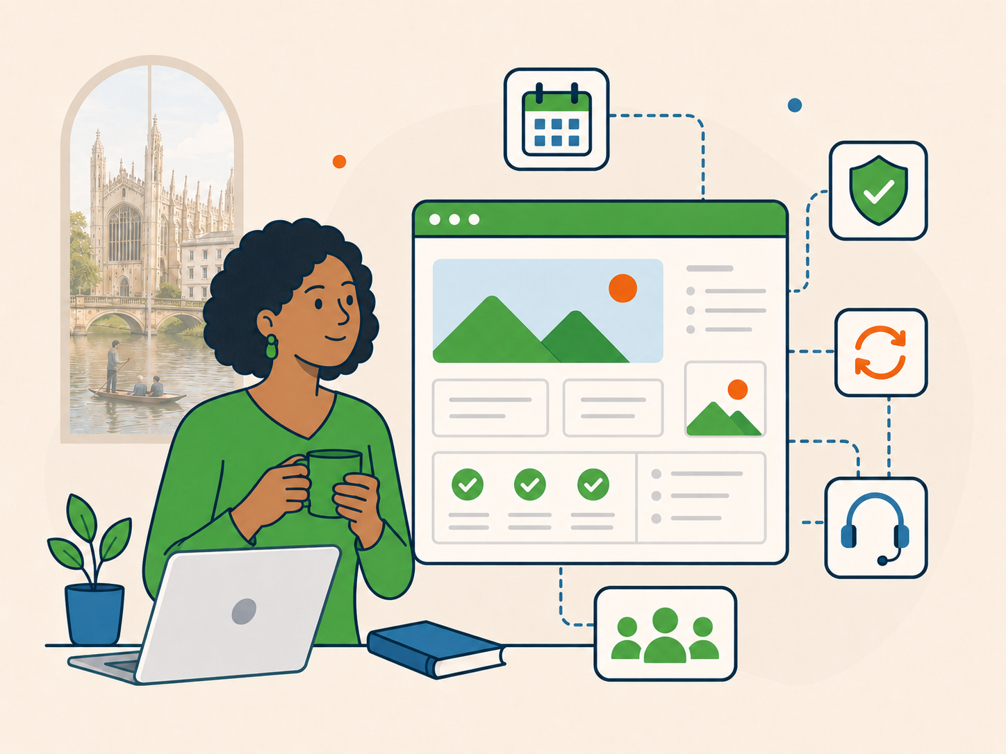 Cambridge business owner calmly reviewing an ongoing WordPress care dashboard with regular updates, security, support, and team icons.