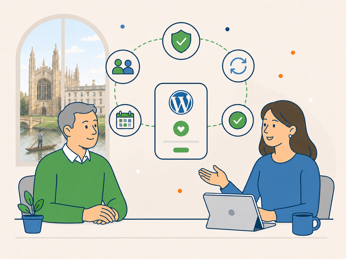 Cambridge business owner speaking with a WordPress support specialist about getting clear help now and dependable ongoing care.