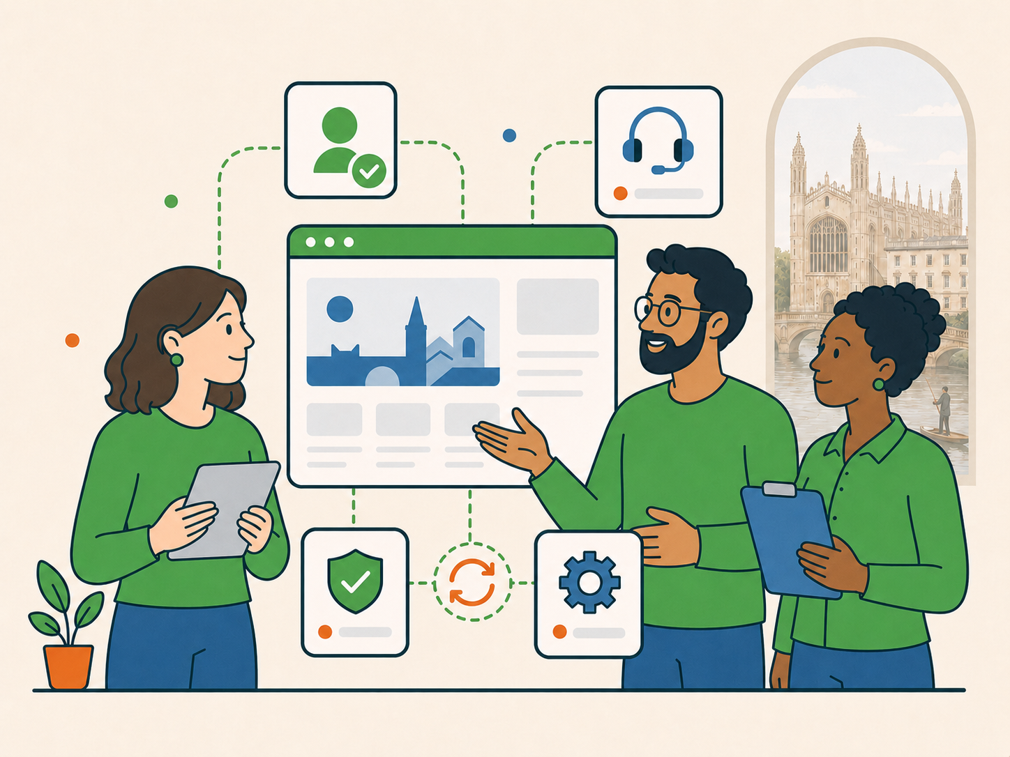 Cambridge business owner speaking with a consistent WordPress support team around a shared website dashboard and support workflow.