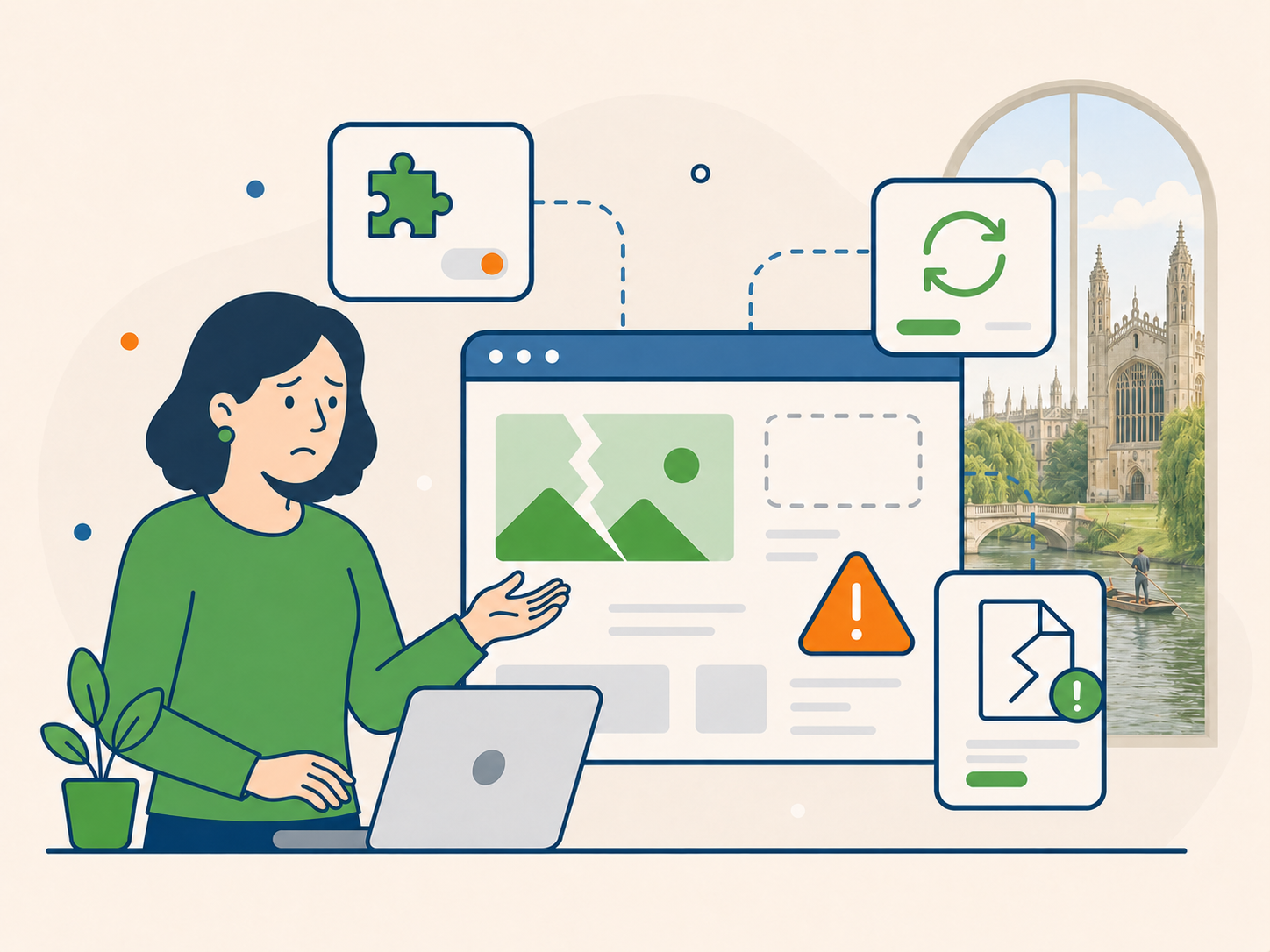 Cambridge business owner looking concerned while reviewing a WordPress website with broken pages, update issues, and warning alerts.