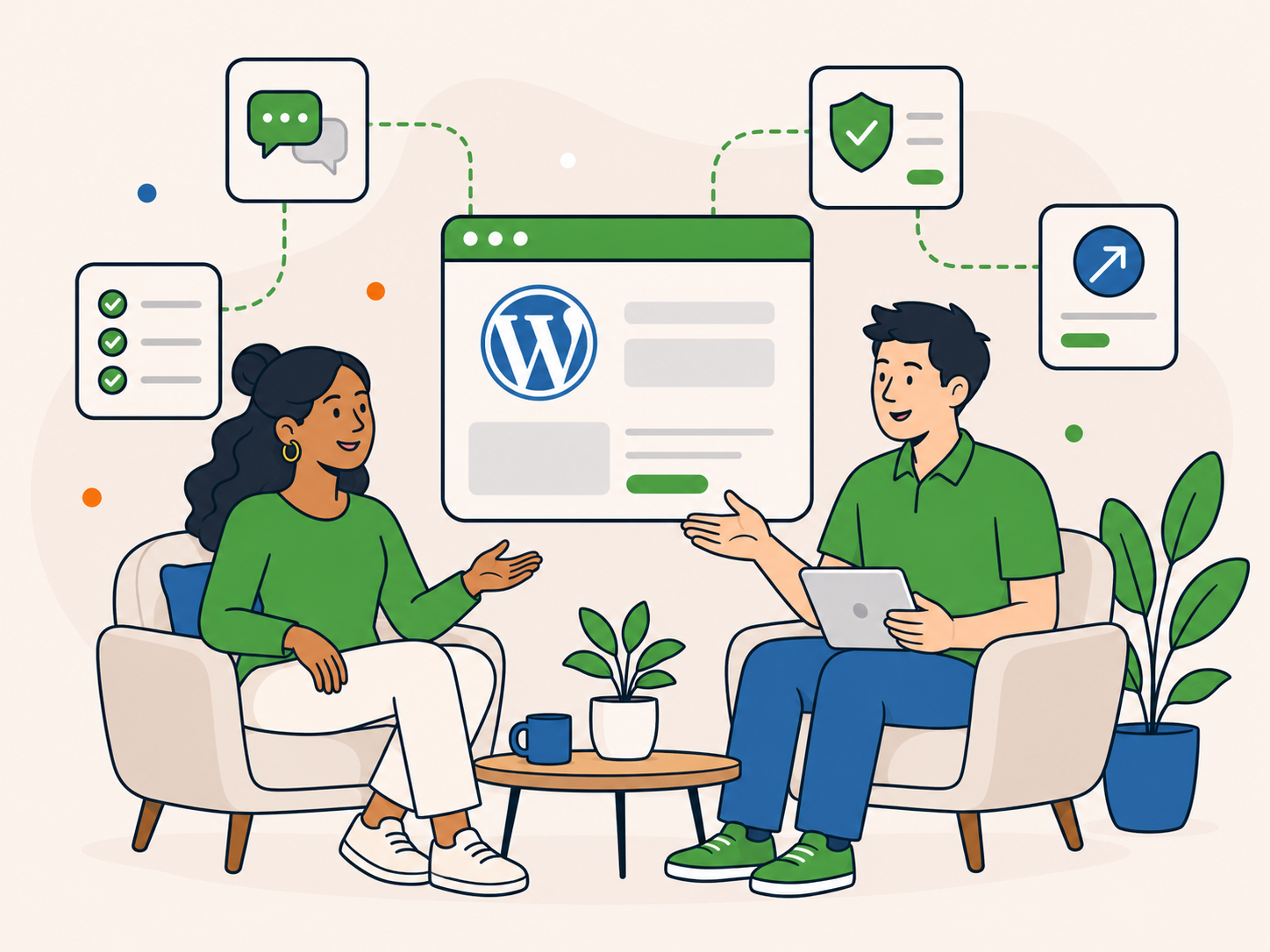 Customer having a reassuring conversation with a WordPress support specialist, surrounded by icons representing questions, guidance, security and next steps.