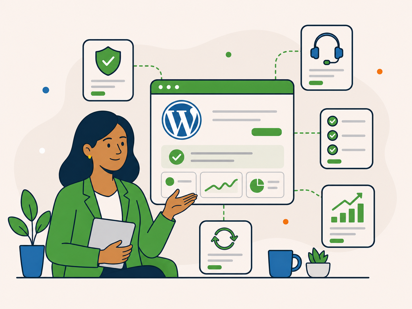 RConfident business owner reviewing a stable WordPress setup with support, maintenance and performance indicators in view.