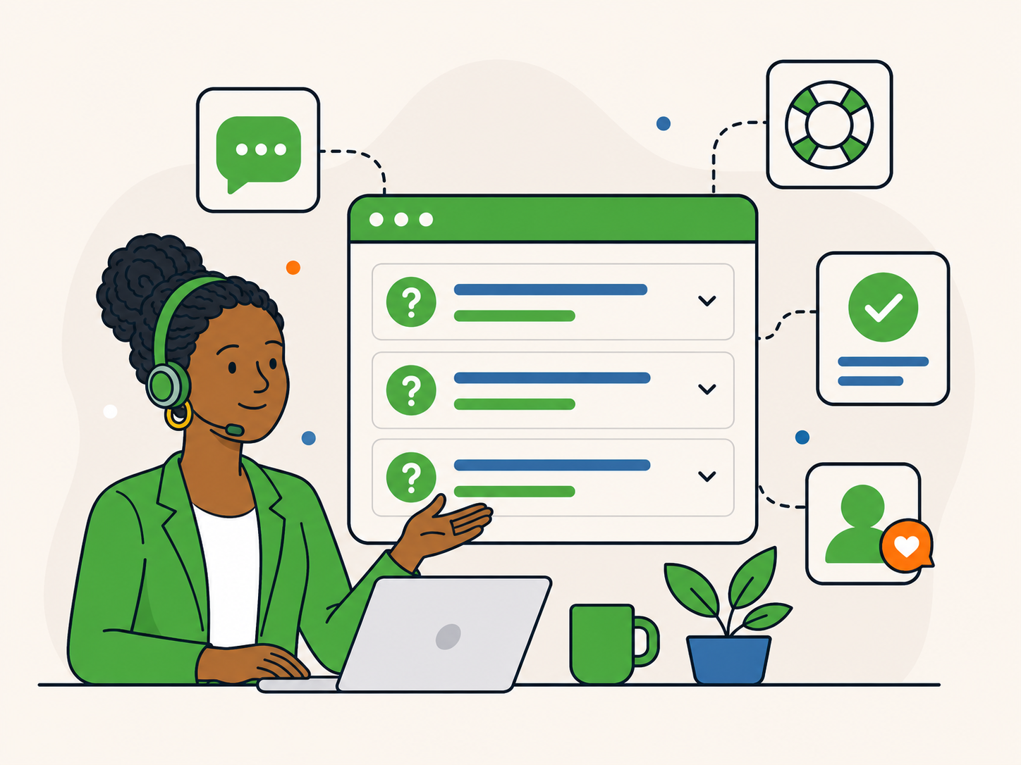 Illustration of a friendly support agent helping with common WordPress questions beside an FAQ panel with question and check icons.