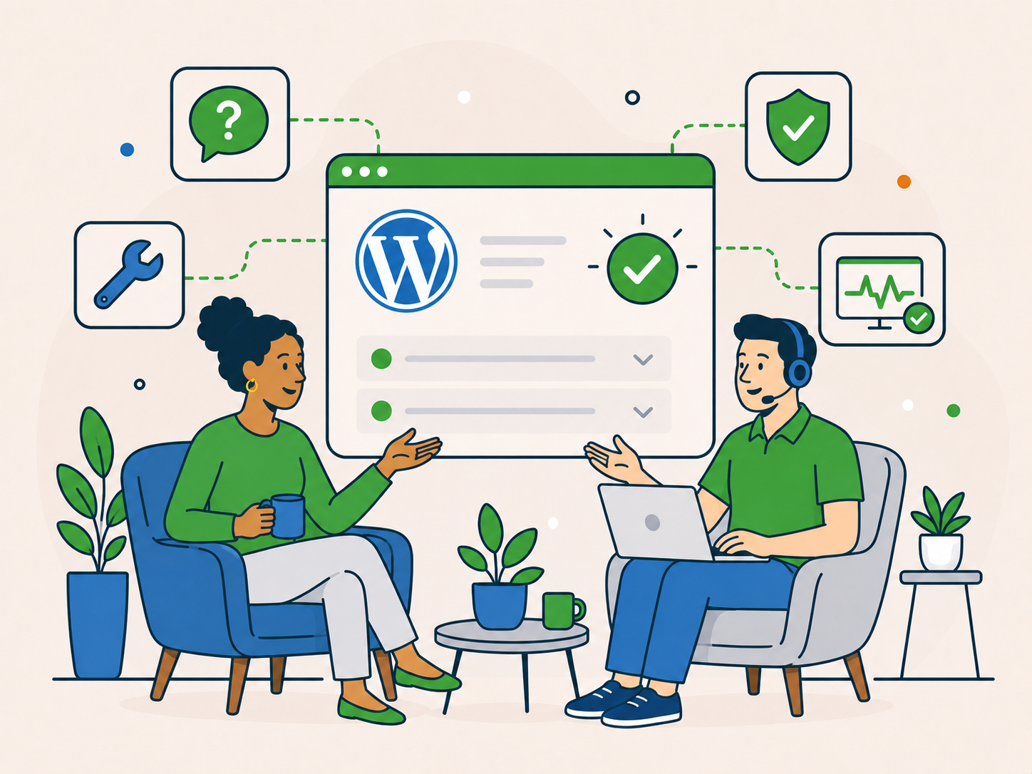 A customer discussing common WordPress support questions with a friendly adviser beside an FAQ panel showing maintenance, security, and performance support.