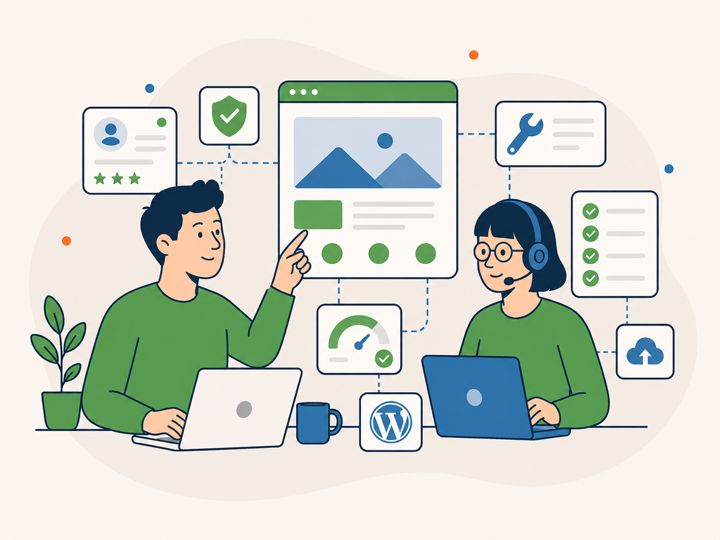 Flat vector illustration showing an agency-style website workflow with two people collaborating, supported by WordPress, checklist, tools, speed, and cloud support elements.