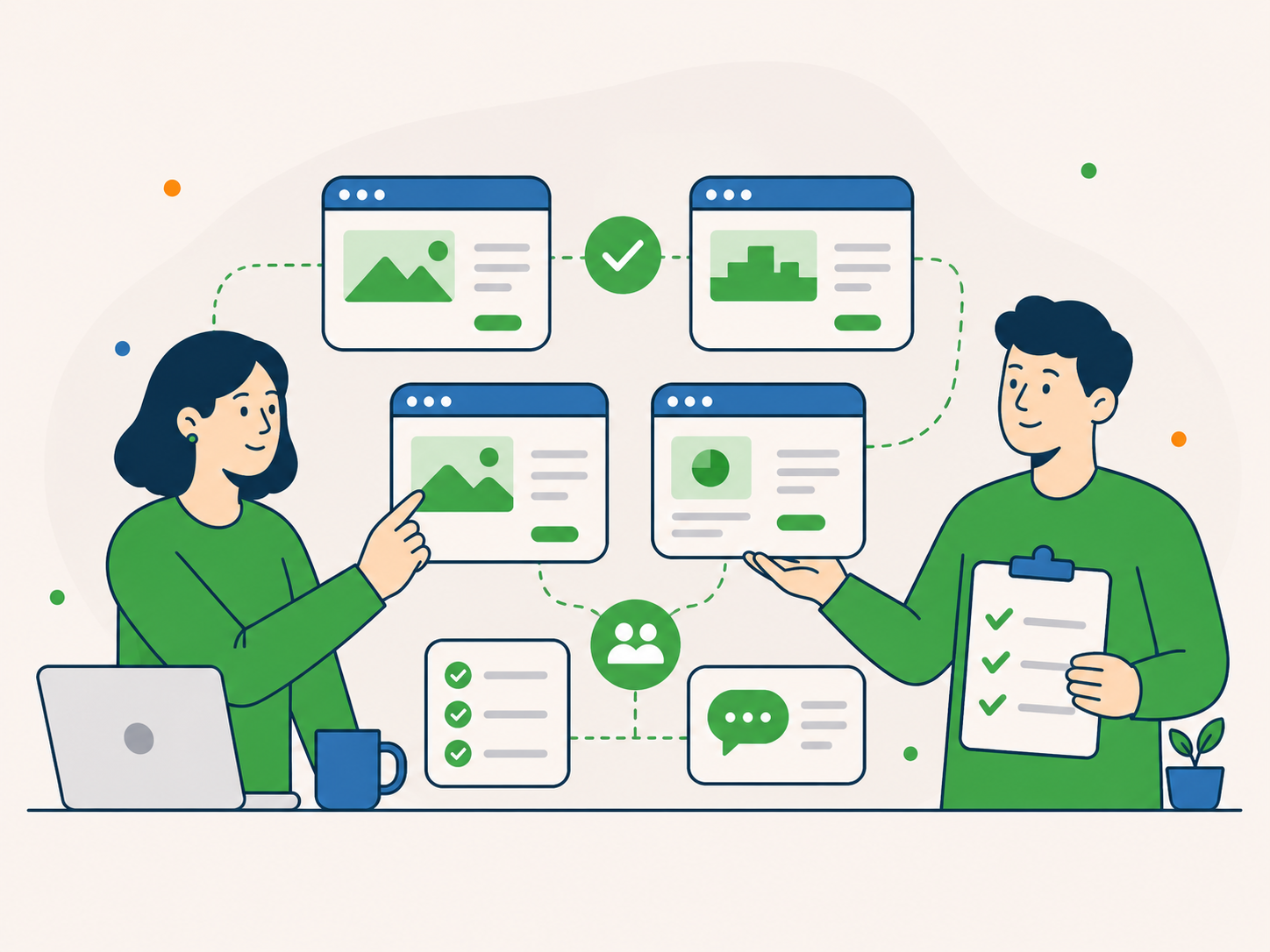 Illustration of two people collaborating on multiple client website dashboards, checklists, and support tasks.