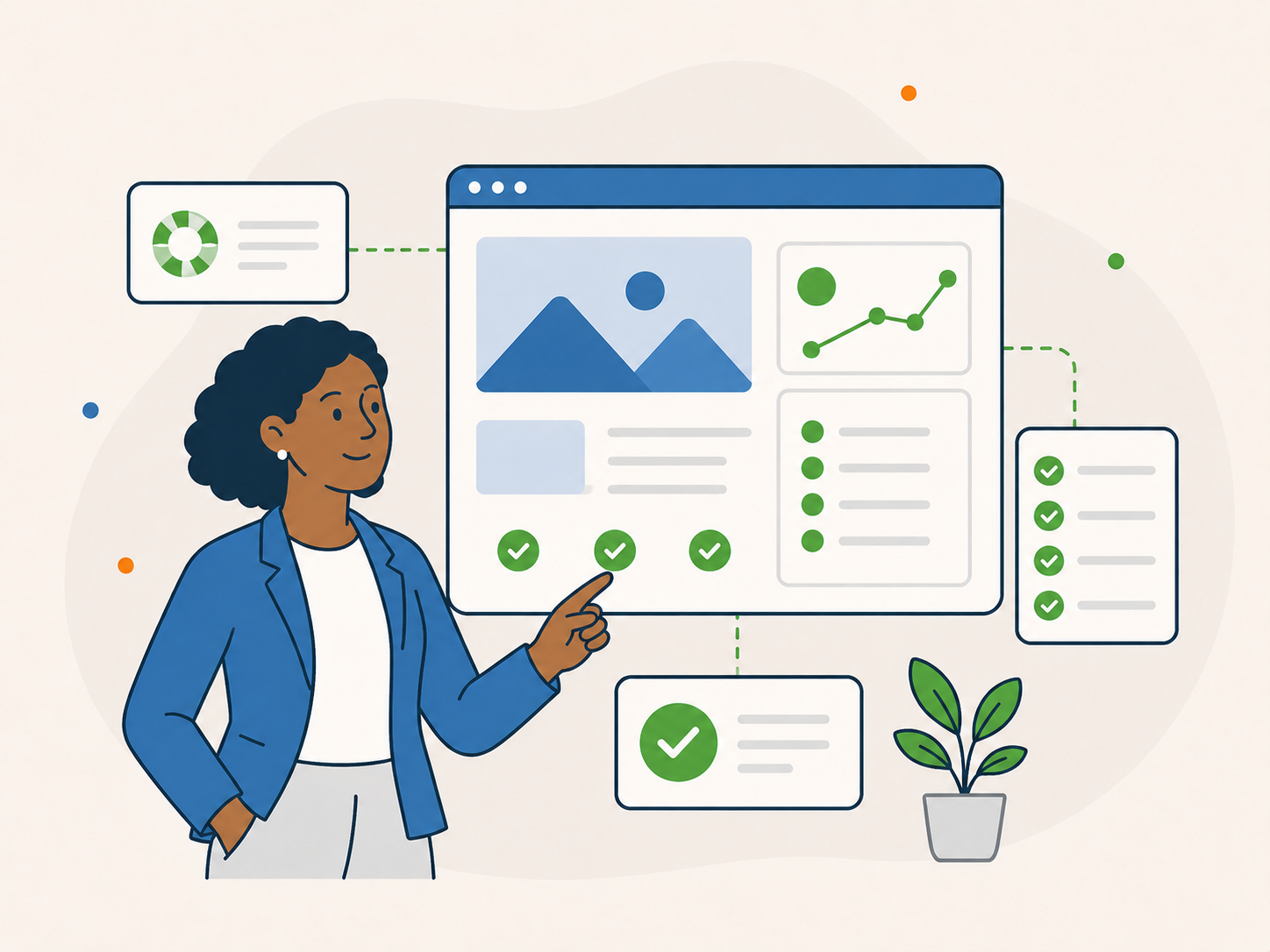 Flat vector illustration showing a business website owner or manager reviewing a dashboard with checklist, reporting, and support panels beside her.