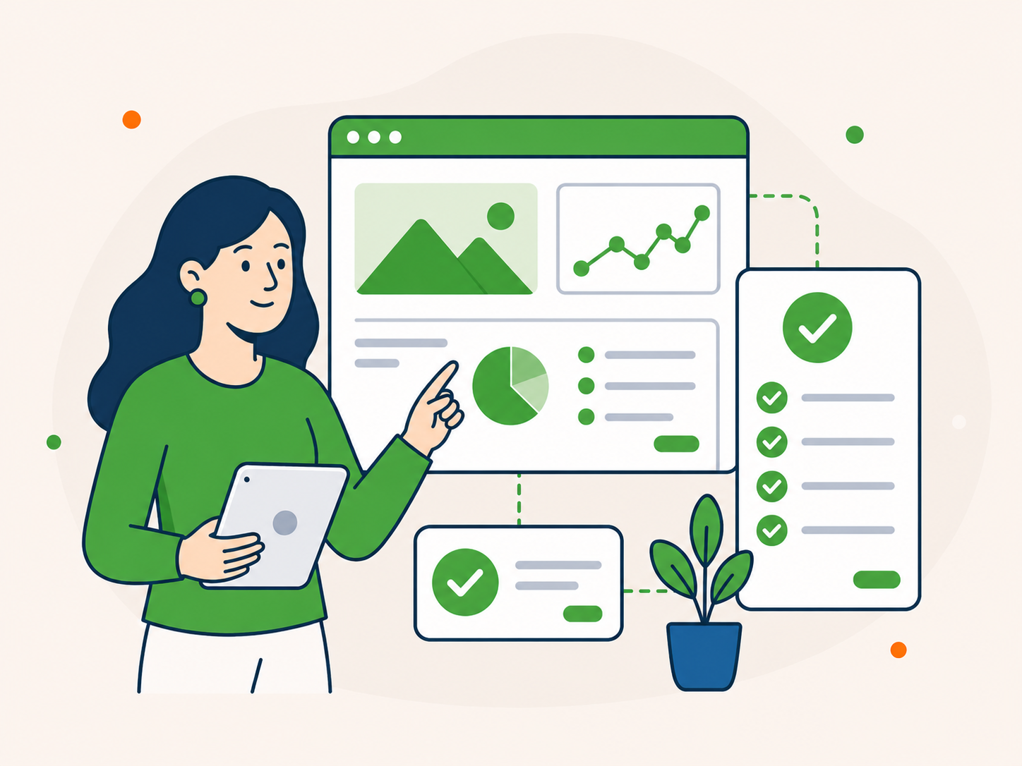 Illustration of a website manager reviewing a dashboard, checklist, and website status panels with confidence.