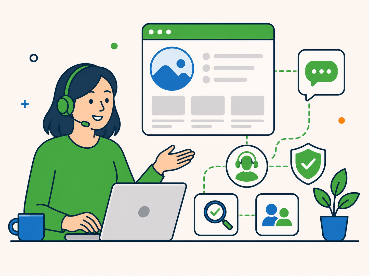Support agent helping with a website issue using chat, search, and support icons.