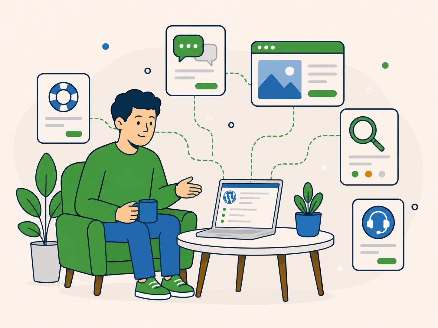 Customer exploring WordPress support options with help, search and support icons around their website.