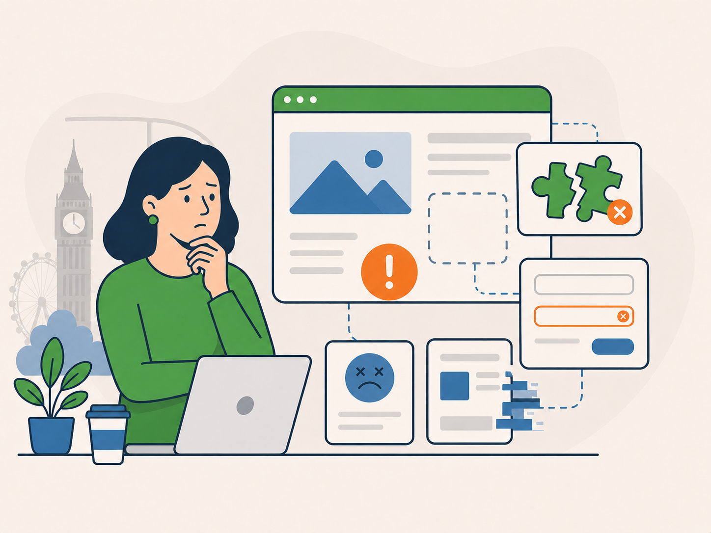 Illustration of a worried London business owner looking at a laptop beside a broken WordPress dashboard with warning icons and plugin errors.