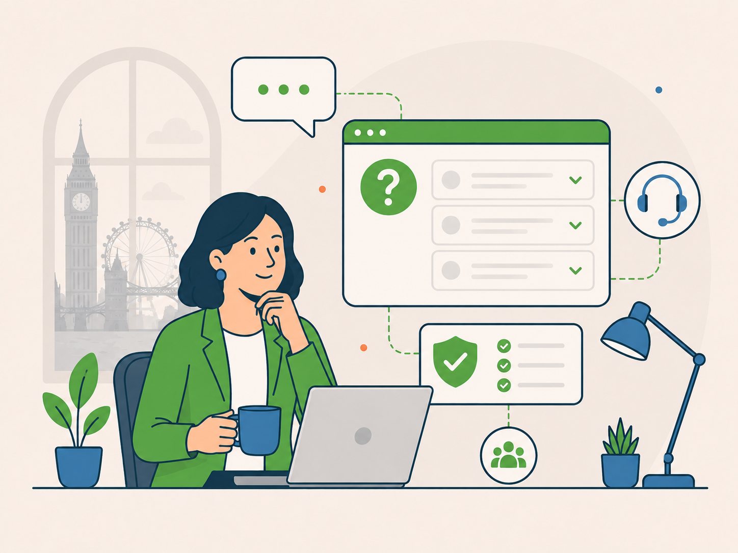 Illustration of a London business owner reviewing WordPress support FAQs with chat, headset, and reassurance icons.