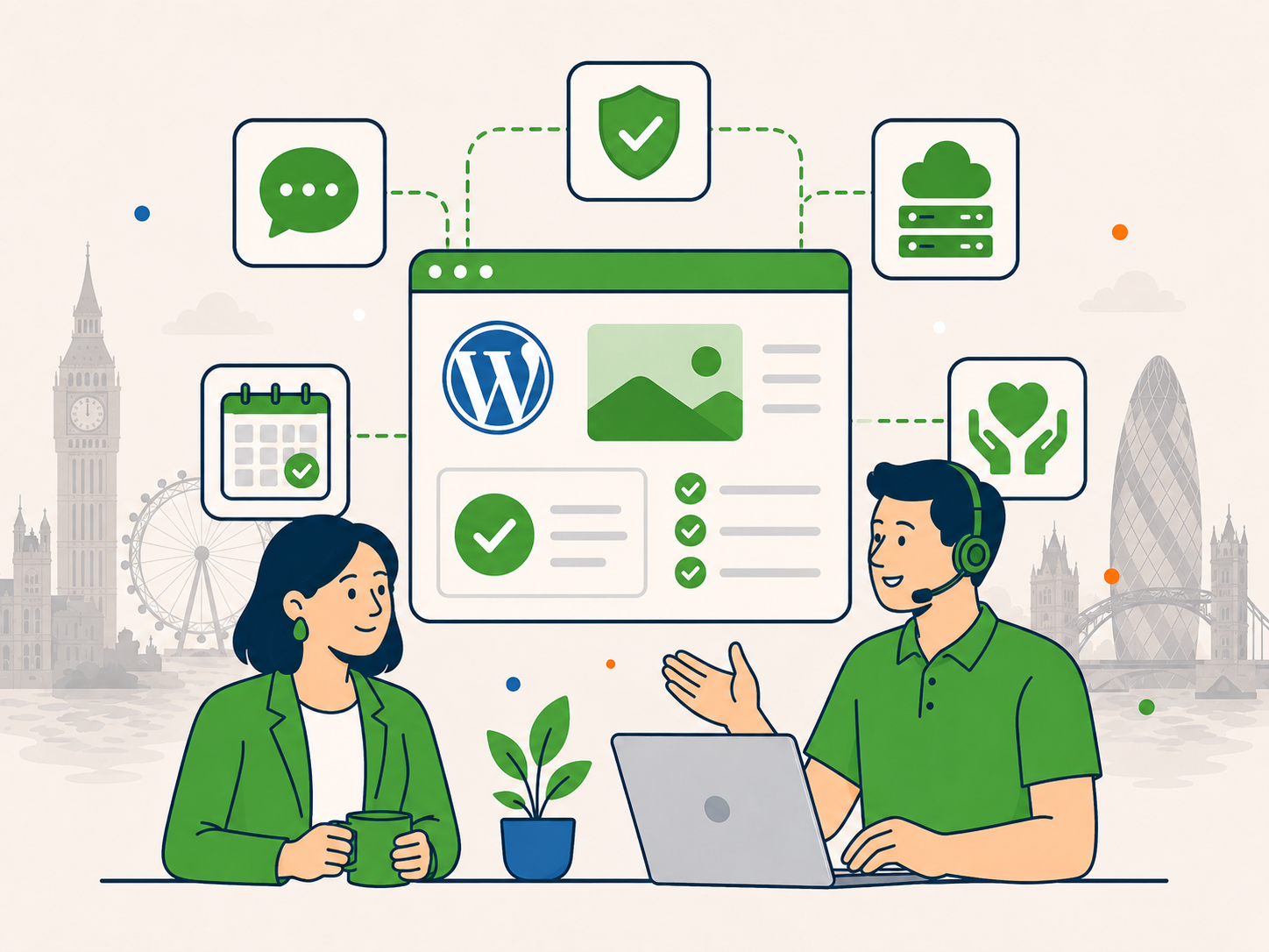 Illustration of a London business owner speaking with a WordPress support specialist beside a connected website care dashboard.