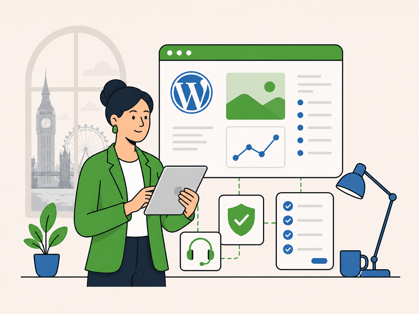 Illustration of a London business owner using a tablet beside a WordPress support dashboard, with London landmarks in the background.