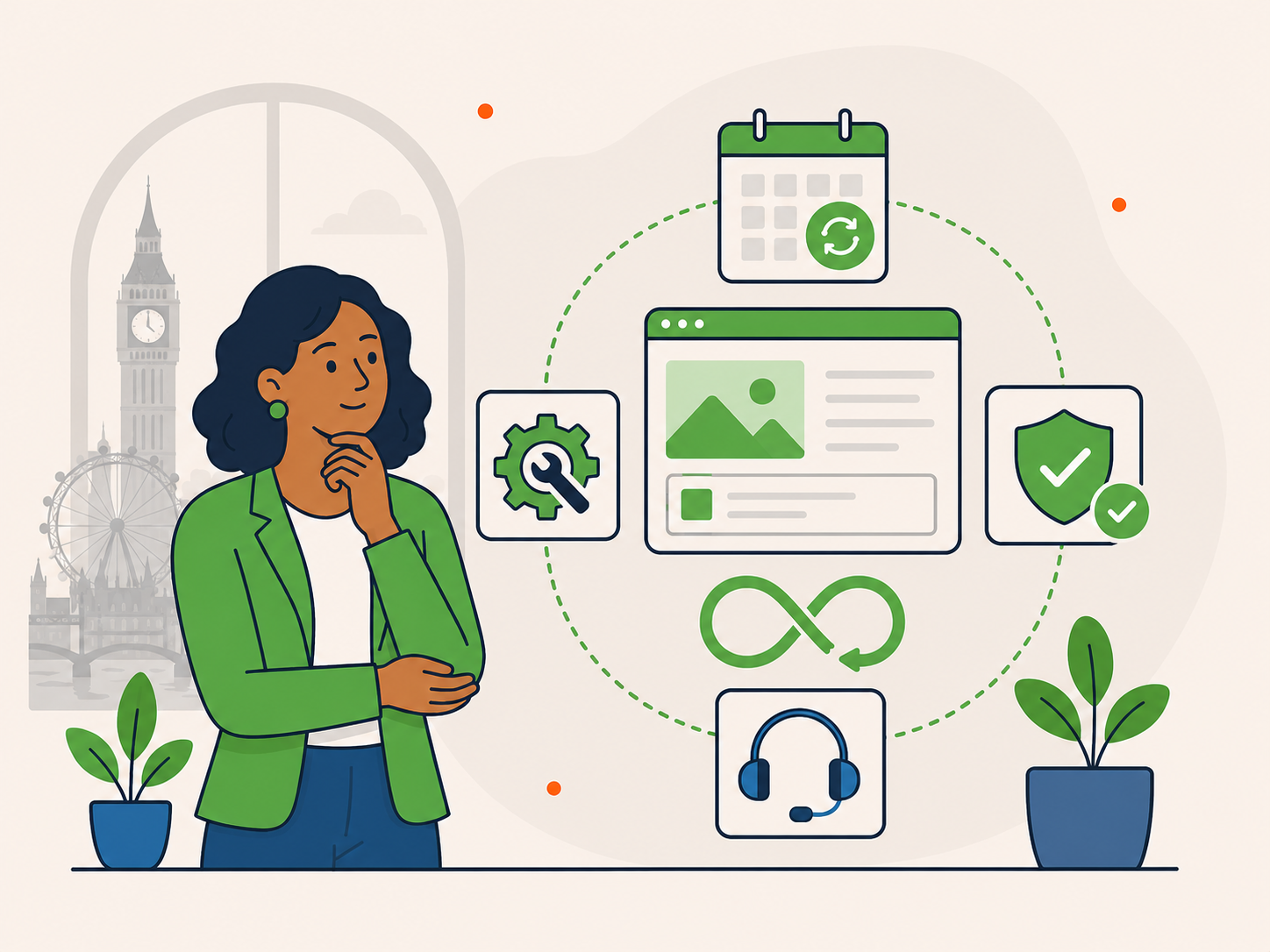 Illustration of a London business owner considering ongoing WordPress support, maintenance, security, and long-term website care.