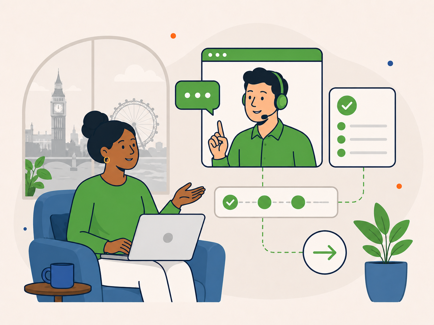 Illustration of a London business owner getting clear WordPress support advice through a friendly online support call and simple next-step guidance.