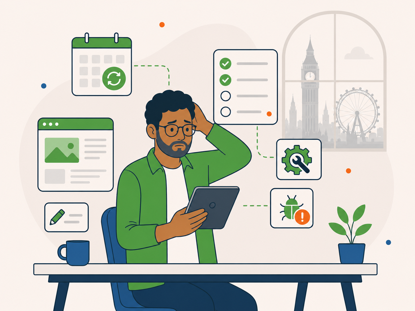 Illustration of a London website manager feeling overwhelmed by updates, tasks, and ongoing website maintenance work.
