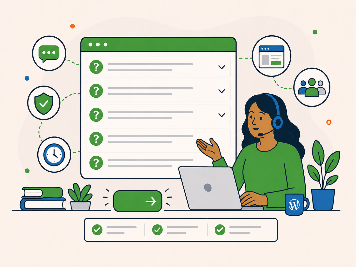 Newt Labs support specialist beside a clear WordPress FAQ panel, with icons representing flexible support, security, hosting and helpful guidance.