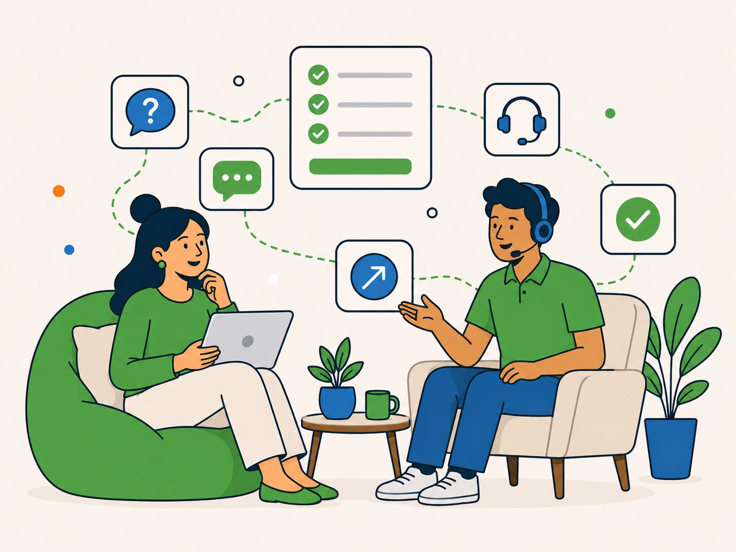 Client asking questions while a WordPress support specialist explains the next steps clearly and reassuringly.