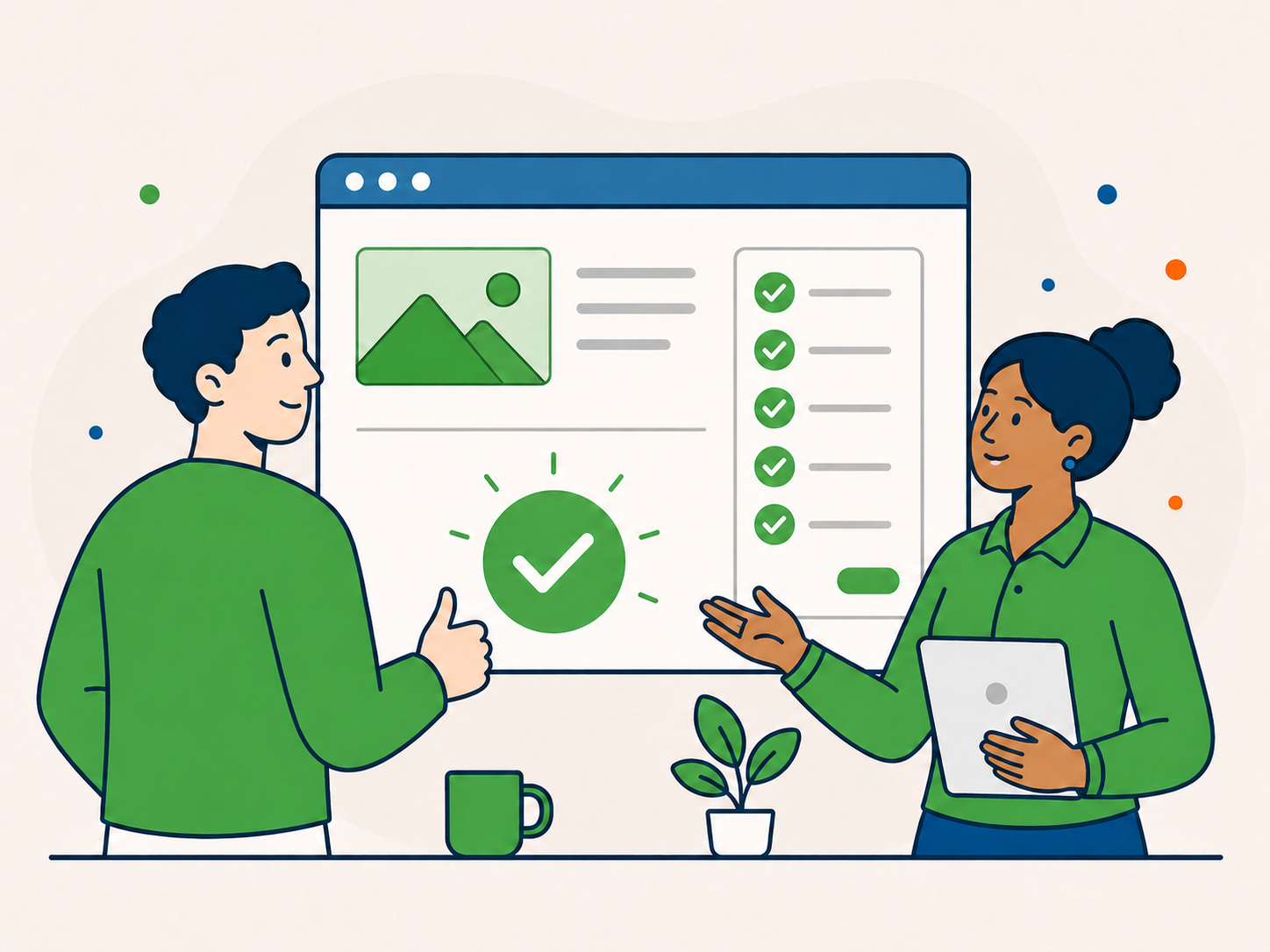 Illustration of two people reviewing a completed website dashboard with checkmarks, showing confidence and support.