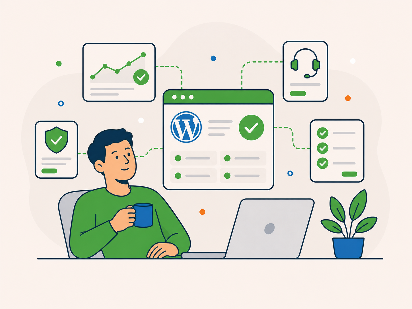 Relaxed business owner with a stable WordPress website, support tools and positive performance indicators.