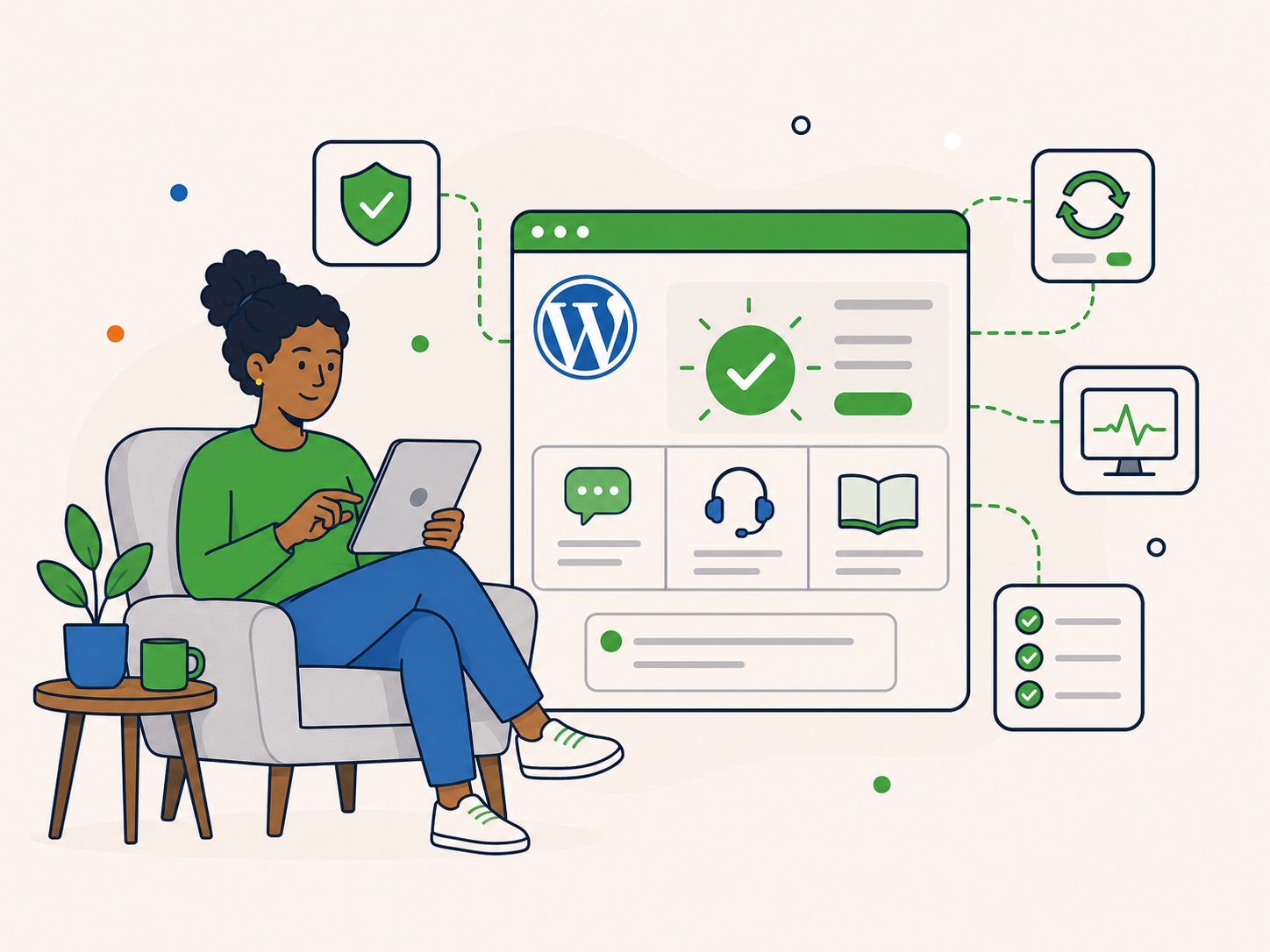 Illustration of a person exploring the WordPress support page on a tablet, with support, monitoring, updates and checklist icons around the screen.