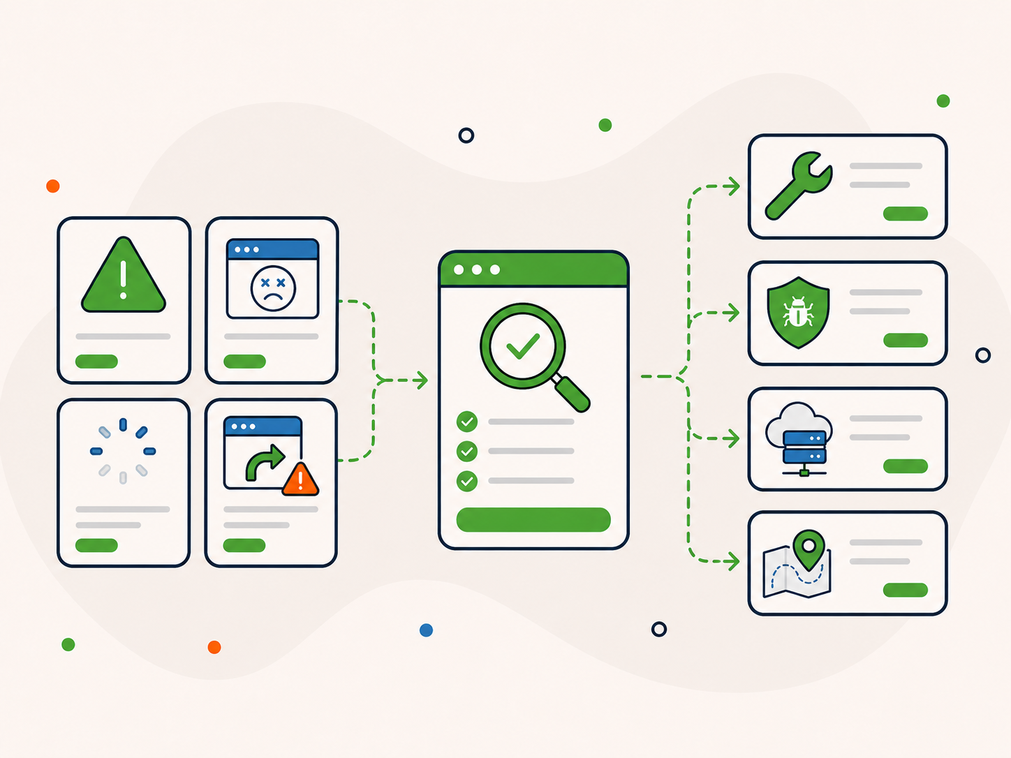 Illustration showing WordPress website symptoms being reviewed and routed toward repair, malware removal, hosting support, or clearer next steps.