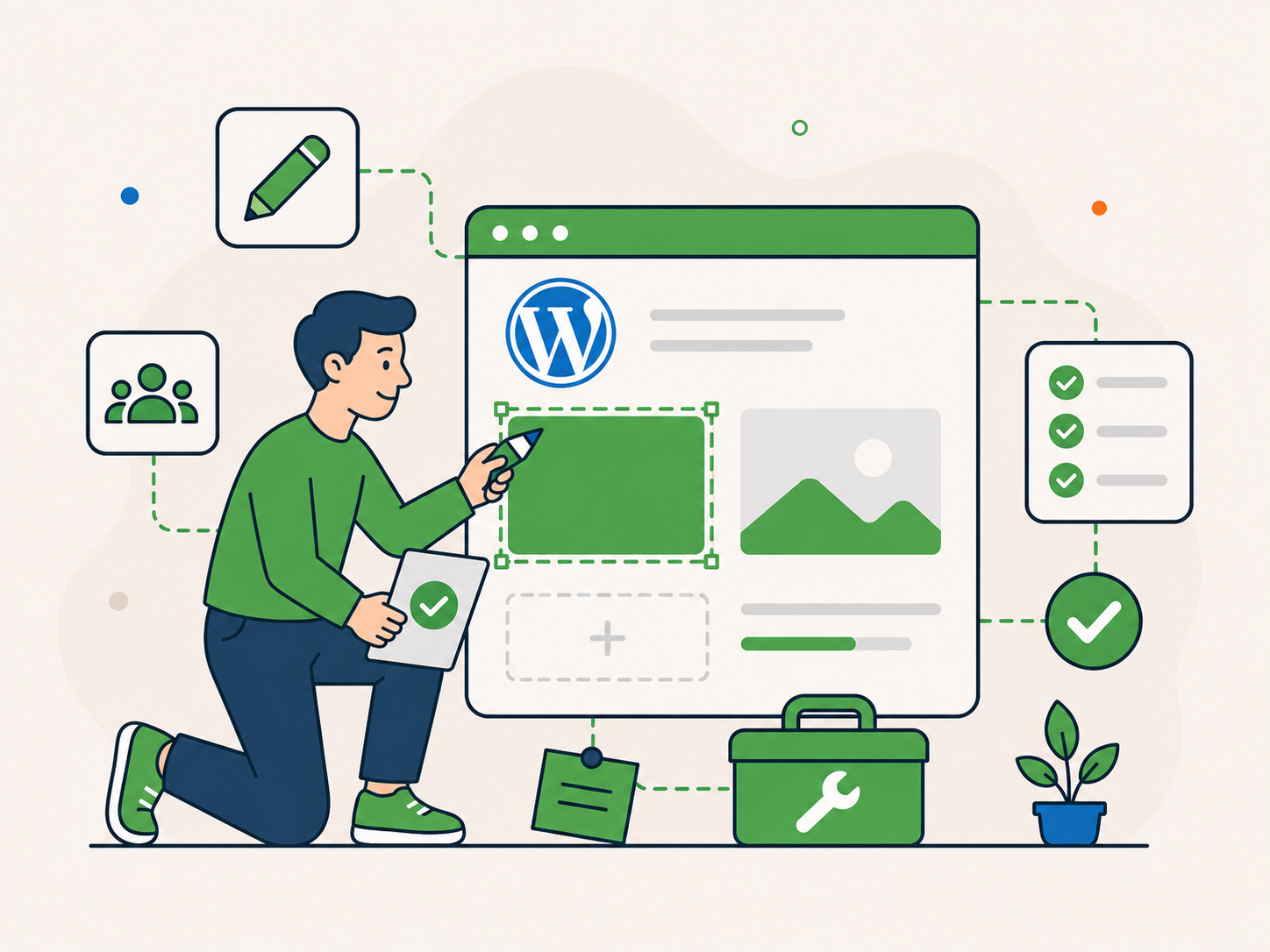Illustration of a person editing a WordPress website layout with a pencil, checklist, and update tools.
