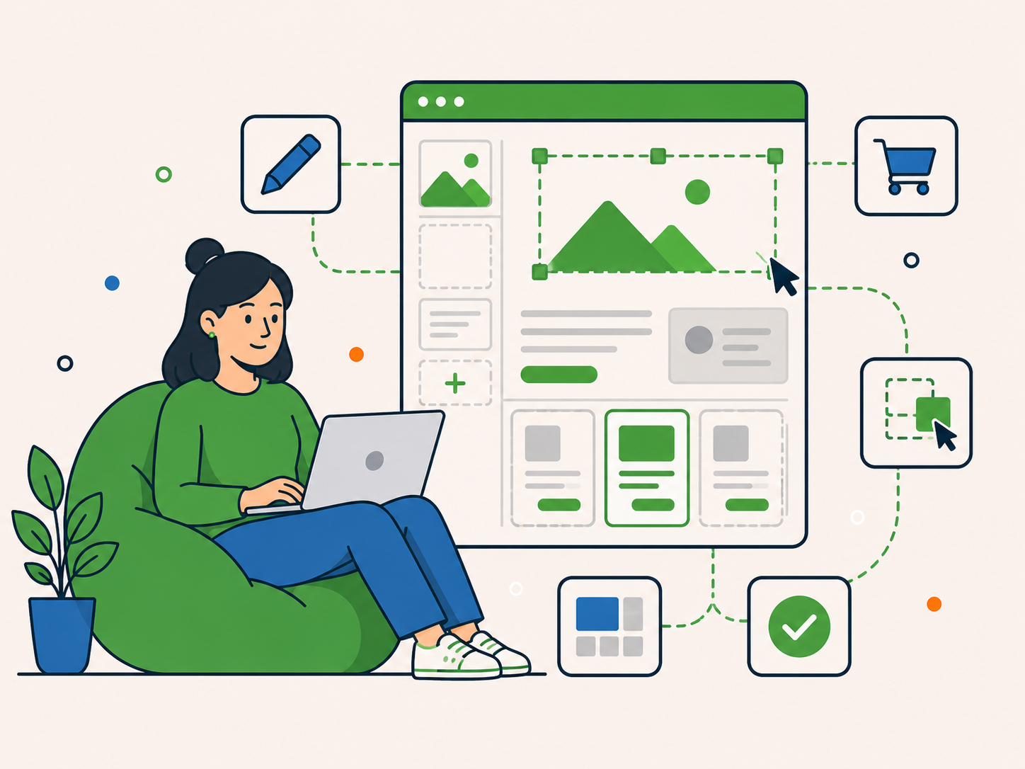 Website specialist editing layouts, content blocks and ecommerce features within a visual website editor.