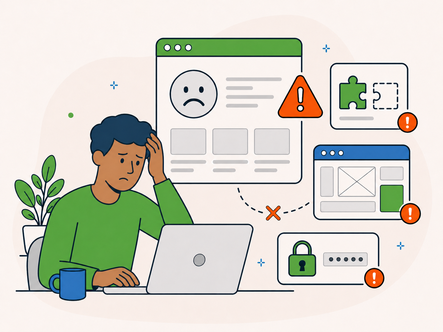 Illustration of a concerned website owner looking at a broken WordPress website with error alerts, layout issues, plugin trouble, and login problems.