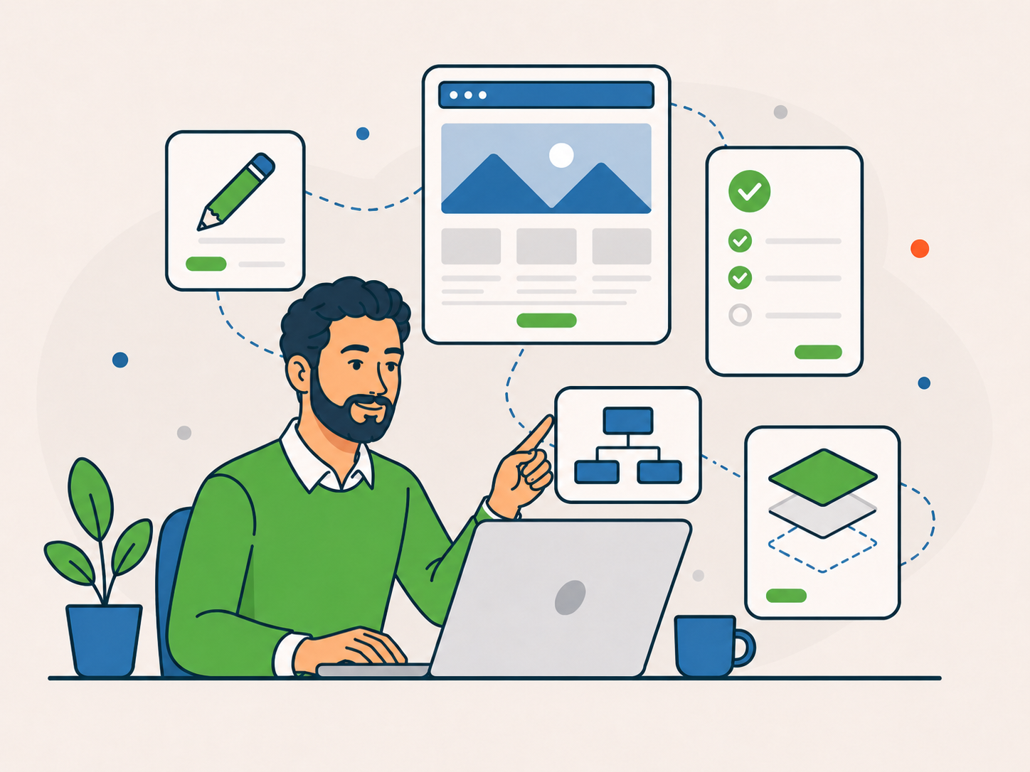 Illustration of a website owner planning a larger website project, with design, layout, brief, and website structure icons.