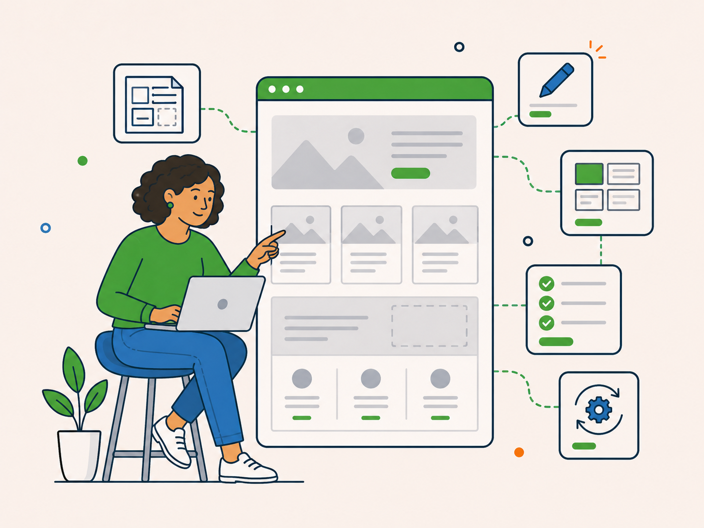 Customer planning a larger WordPress website project using page layouts, design tools and a structured project checklist.