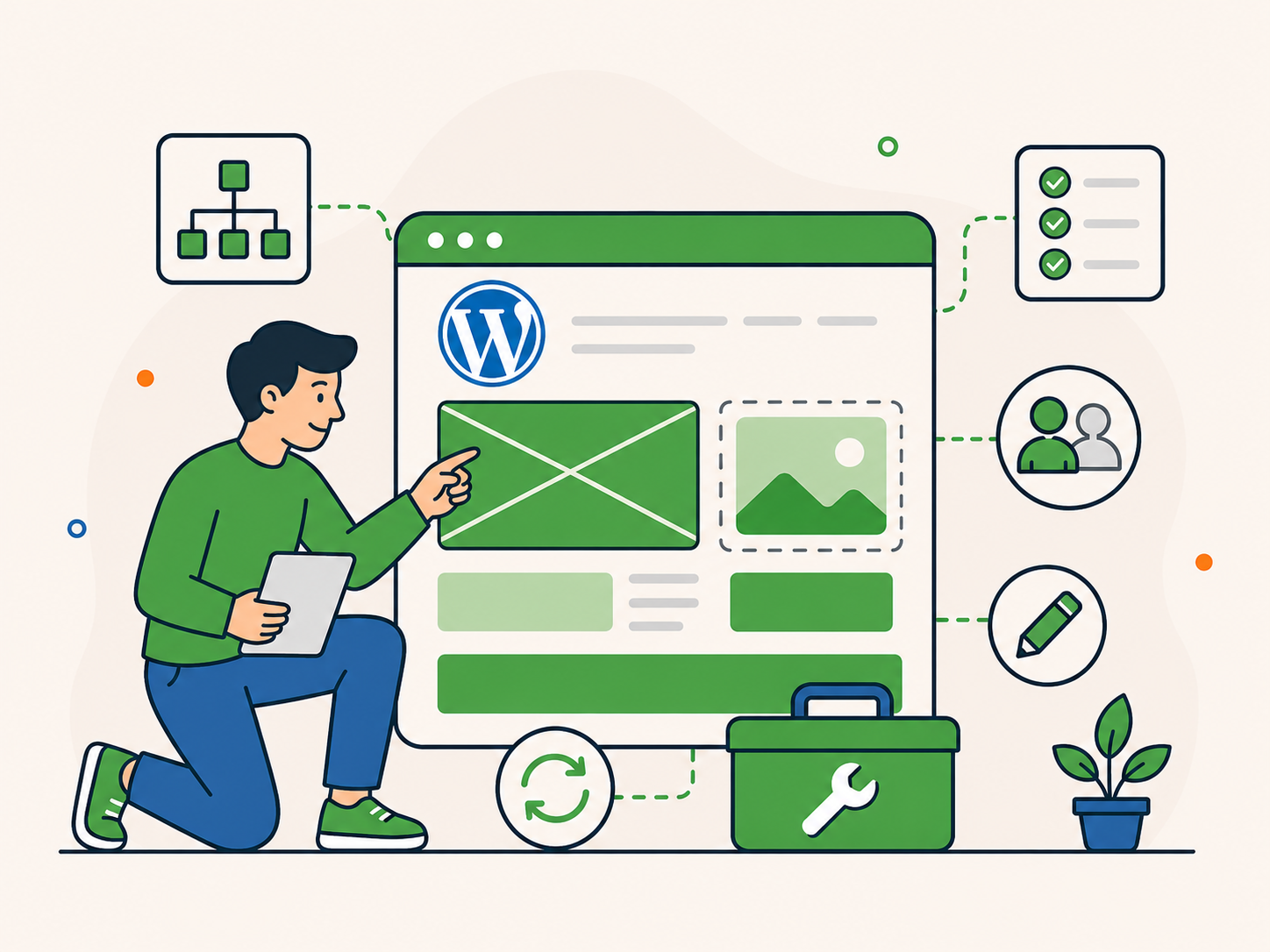 Illustration of a person planning a larger WordPress website project, with layout wireframes, project checklist, collaboration, design, and development tools.