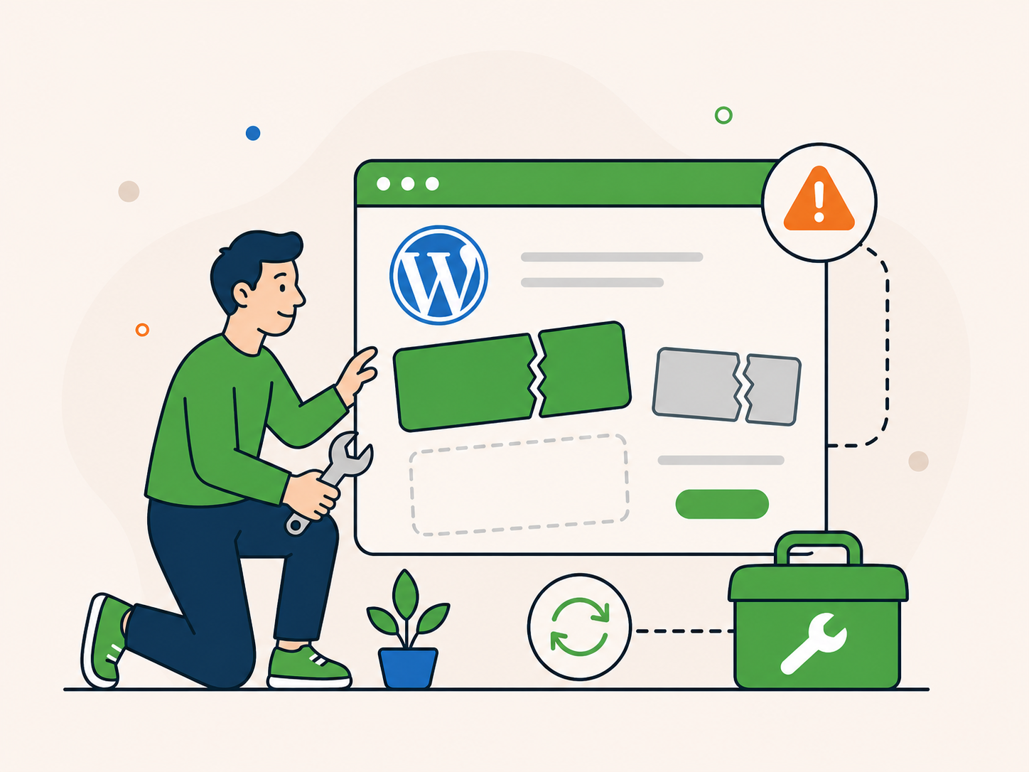 Illustration of a person repairing a broken WordPress website layout with a wrench, warning icon, and repair tools.