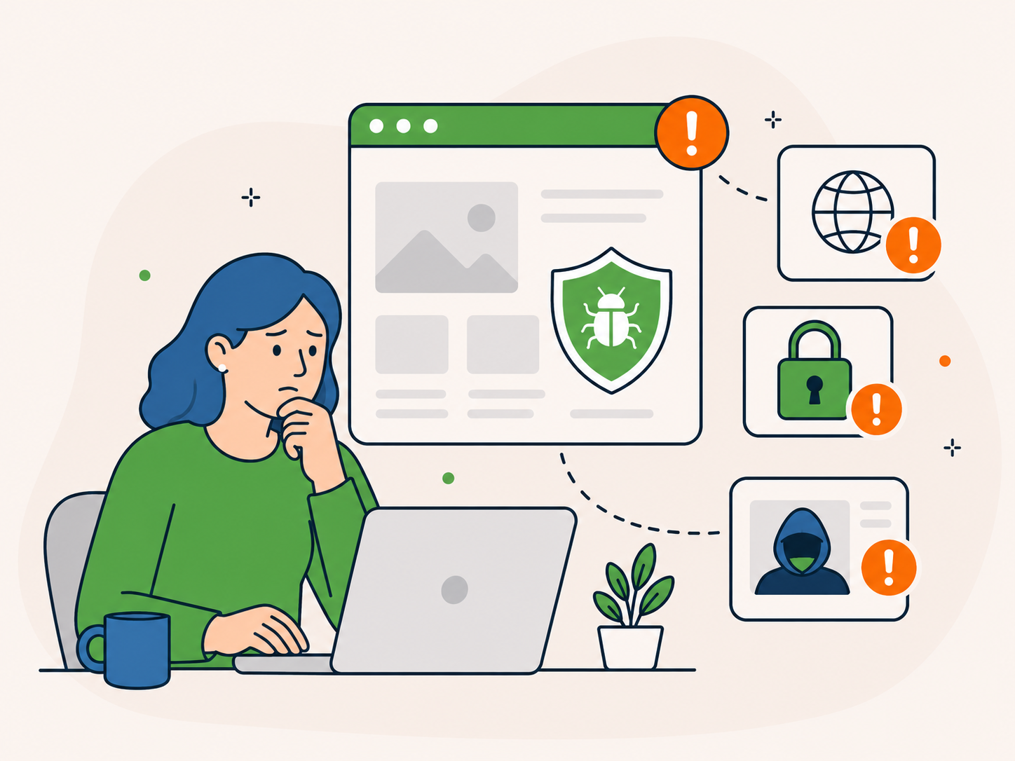 Illustration of a worried website owner reviewing malware warnings, suspicious activity, blocked access, and security alerts on a WordPress website.