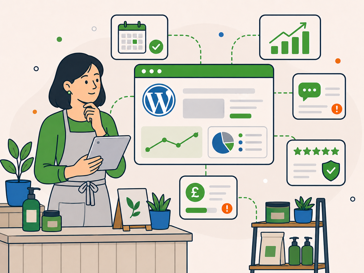 Small business owner viewing website enquiries, bookings, performance and sales activity through WordPress.