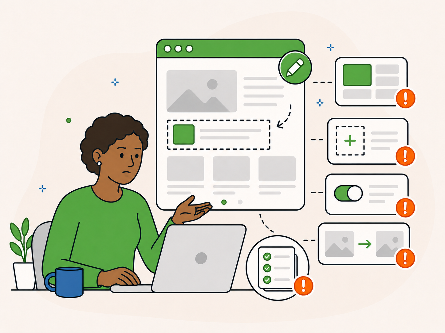 Illustration of a website owner looking at a WordPress page with content updates, layout tweaks, new sections, and change requests.